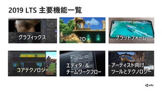 2019 LTS 主要機能一覧
グラフィックス
コアテクノ ジー
エディタ-＆
チーム ークフ ー
プラットフォーム2D
アーティスト向け
ツー とテクノ ジー
 