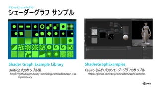 シェーダーグ サ
Shader Graph Example Library
Unity公式 集
https://github.com/UnityTechnologies/ShaderGraph_Exa
mpleLibrary
グラフィックス シェーダーグラフ
ShaderGraphExamples
Keijiro 作成
https://github.com/keijiro/ShaderGraphExamples
 