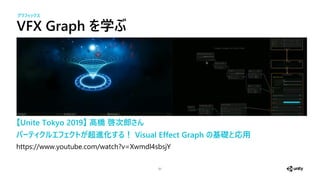VFX Graph を学ぶ
51
【Unite Tokyo 2019】 高橋 啓次郎さん
パーティク エフェクトが超進化する！ Visual Effect Graph の基礎と応用
https://www.youtube.com/watch?v=Xwmdl4sbsjY
グラフィックス
 