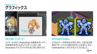 2D PSD イ ポーター
化 Photoshop 画像 各
情 持 2D
Animation 作成
2D Pixel Perfect
鮮 状態 解
像 回 安 状態
Cinemachine 対応
グ ィックス
検証済みの 2D ツー
 