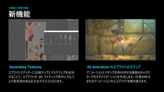 線 加
2D 条件 対
現実感 応 示
Secondary Textures
再 数
作成 意 時
中 置 換
2D Animation のスプライトのス ップ
新機能
新機能と実験的機能
 