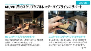 AR/VR 用のスクリプタブ ダーパイプライ のサポート
HD ダーパイプライ のサポート
写実 効果
実現 犠牲
高忠実 VR 押 広
プラットフォームテクノ ジ：拡張現実とバーチャ リアリティ
ユニバーサ ダーパイプライ のサポート
高 実現
一 AR VR
広 向
AR/VR
 