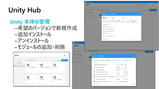 Unity Hub
10
Unity 本体の管理
希 新規作成
加
加 削除
 