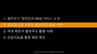 © 2018, Amazon Web Services, Inc. or Its Affiliates. All rights reserved.
1. 클라우드 컴퓨팅과 AWS 서비스 소개
2. 글로벌 제조사들의 클라우드 활용 사례
3. 국내 제조사 클라우드 활용 사례
4. 인공지능을 통한 제조 혁신
 