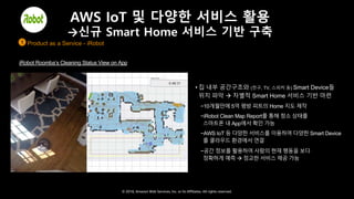© 2018, Amazon Web Services, Inc. or Its Affiliates. All rights reserved.
AWS IoT 및 다양한 서비스 활용
→신규 Smart Home 서비스 기반 구축
1. Product as a Service - iRobot1
• 집 내부 공간구조와 (전구, TV, 스피커 등) Smart Device들
위치 파악 à 차별적 Smart Home 서비스 기반 마련
−10개월만에 5억 평방 피트의 Home 지도 제작
−iRobot Clean Map Report를 통해 청소 상태를
스마트폰 내 App에서 확인 가능
−AWS IoT 등 다양한 서비스를 이용하여 다양한 Smart Device
를 클라우드 환경에서 연결
−공간 정보를 활용하여 사람의 현재 행동을 보다
정확하게 예측 à 정교한 서비스 제공 가능
iRobot Roomba’s Cleaning Status View on App
 