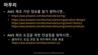 © 2018, Amazon Web Services, Inc. or Its Affiliates. All rights reserved.
마무리
• AWS 제조 기반 정보를 알기 원하시면…
• https://aws.amazon.com/ko/manufacturing/
• https://aws.amazon.com/ko/manufacturing/product-design/
https://aws.amazon.com/ko/manufacturing/smart-factory
https://aws.amazon.com/ko/manufacturing/smart-products
• AWS 제조 도입을 위한 컨설팅을 원하시면…
• 클라우드 도입 과정 및 아키텍처 리뷰 제공
https://aws.amazon.com/ko/contact-us/
 