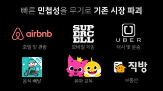 빠른 민첩성을 무기로 기존 시장 파괴
호텔 및 관광 택시 및 운송모바일 게임
음식 배달 부동산유아 교육
 