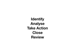 Identify
Analyse
Take Action
Close
Review
 