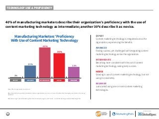 13
SPONSORED BY
40% of manufacturing marketers describe their organization’s proficiency with the use of
content marketing technology as intermediate; another 30% describe it as novice.
Manufacturing Marketers’ Proficiency
With Use of Content Marketing Technology
EXPERT ADVANCED INTERMEDIATE NOVICE BEGINNER
1%
15%
11%
40%
30%
EXPERT
Content marketing technology is integrated across the
organization, experiencing the benefits.
ADVANCED
Finding success, yet challenged with integrating content
marketing technology across the organization.
INTERMEDIATE
Becoming more consistent with the use of content
marketing technology, seeing early success.
NOVICE
Growing in use of content marketing technology, but not
using it consistently.
BEGINNER
Just started using one or more content marketing
technologies.Note: 3% of respondents said unsure.
Base: Manufacturing content marketers whose organizations use one or more of the listed technologies presented on the survey;
aided list.
Manufacturing Content Marketing 2019: Benchmarks, Budgets, and Trends—Content Marketing Institute/MarketingProfs
TECHNOLOGY USE & PROFICIENCY
 
