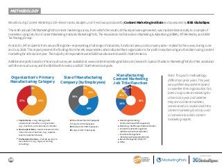 38
SPONSORED BY
METHODOLOGY
Manufacturing Content Marketing 2019—Benchmarks, Budgets, and Trends was produced by Content Marketing Institute and sponsored by IEEE GlobalSpec.
The ninth annual CMI/MarketingProfs content marketing survey, from which the results of this report were generated, was mailed electronically to a sample of
marketers using lists from Content Marketing Institute, MarketingProfs, The Association for Data-driven Marketing & Advertising (ADMA), WTWH Media, and UBM
Technology Group.
A total of 1,947 recipients from around the globe—representing a full range of industries, functional areas, and company sizes—replied to the survey during June
and July 2018. This report presents the findings from the 146 respondents who indicated their organization is for-profit manufacturing and has been using content
marketing for at least one year. The majority of respondents were B2B manufacturers based in North America.
Additional reports based on the annual survey are available at www.contentmarketinginstitute.com/research. Special thanks to MarketingProfs for their assistance
with the annual survey and the B2B North America and B2C North America reports.
Organization’s Primary
Manufacturing Category
Size of Manufacturing
Company (by Employees)
Manufacturing
Content Marketing
Job Title/Function
■ Small (10-99 Employees)
■ Micro(Fewerthan10Employees)
■ Midsize (100-999 Employees)
■ Large (1,000+ Employees)
■ Marketing/Advertising/
Communications/PR Management
■ Marketing—Staﬀ/Support/Administration
■ Content Creation/Management
(Writer/Creative Director/Editor)
■ Corporate Management
(CEO/Owner/President/CMO/CCO)
■ General Management (GM, VP)
■ Other
■ Capital Items—Long-lasting goods
acquired and owned by an organization
(e.g., machinery, lab equipment, vehicles)
■ Non-Capital Items—Goods consumed in the
normal course of business (e.g., supplies,
repairs, equipment leases)
■ Professional Services—Provide services to
manufacturers (e.g., legal, accounting,
consulting)
62%37%
1% 1%
19%
62%
42%
16%
10%
2%
7% 3%
38%
Note: This year’s methodology
differs from prior years. This year,
we qualified respondents based
on whether their organization has
been using content marketing for
at least one year, and whether
they are a content marketer,
someone who is involved with the
content marketing function, and/
or someone to whom content
marketing reports.
 
