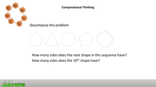 Computational Thinking
Decompose the problem
How many sides does the next shape in the sequence have?
How many sides does the 10th shape have?
 