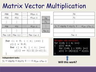 Matrix Vector Multiplication
#pragma omp parallel
for (i=0; i < m; i++)
{ y[i] =0.0;
for (j=0; j < SIZE; j++)
y[i] += (A[i][j] * x[j]);
}
Will this work?
Independent tasks:
 