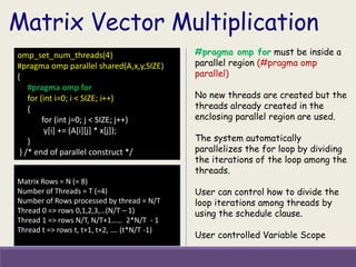 Matrix Rows = N (= 8)
Number of Threads = T (=4)
Number of Rows processed by thread = N/T
Thread 0 => rows 0,1,2,3,…(N/T – 1)
Thread 1 => rows N/T, N/T+1…… 2*N/T - 1
Thread t => rows t, t+1, t+2, …. (t*N/T -1)
omp_set_num_threads(4)
#pragma omp parallel shared(A,x,y,SIZE)
{
#pragma omp for
for (int i=0; i < SIZE; i++)
{
for (int j=0; j < SIZE; j++)
y[i] += (A[i][j] * x[j]);
}
} /* end of parallel construct */
Matrix Vector Multiplication
#pragma omp for must be inside a
parallel region (#pragma omp
parallel)
No new threads are created but the
threads already created in the
enclosing parallel region are used.
The system automatically
parallelizes the for loop by dividing
the iterations of the loop among the
threads.
User can control how to divide the
loop iterations among threads by
using the schedule clause.
User controlled Variable Scope
 