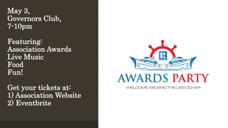 #OCHAR’19
May 3,
Governors Club,
7-10pm
Featuring:
Association Awards
Live Music
Food
Fun!
Get your tickets at:
1) Association Website
2) Eventbrite
 