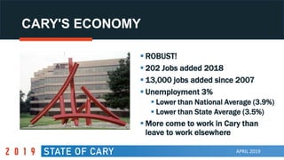 APRIL 2019
CARY'S ECONOMY
 ROBUST!
 202 Jobs added 2018
 13,000 jobs added since 2007
 Unemployment 3%
 Lower than National Average (3.9%)
 Lower than State Average (3.5%)
 More come to work in Cary than
leave to work elsewhere
 