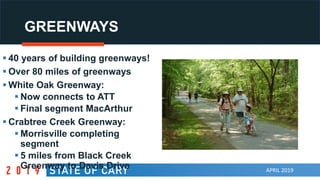 APRIL 2019
GREENWAYS
 40 years of building greenways!
 Over 80 miles of greenways
 White Oak Greenway:
 Now connects to ATT
 Final segment MacArthur
 Crabtree Creek Greenway:
 Morrisville completing
segment
 5 miles from Black Creek
Greenway to Davis Drive
 