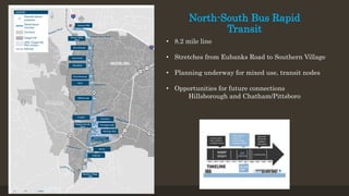 North-South Bus Rapid
Transit
• 8.2 mile line
• Stretches from Eubanks Road to Southern Village
• Planning underway for mixed use, transit nodes
• Opportunities for future connections
Hillsborough and Chatham/Pittsboro
 