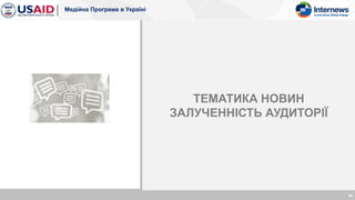 Медійна Програма в Україні
ТЕМАТИКА НОВИН
ЗАЛУЧЕННІСТЬ АУДИТОРІЇ
54
 