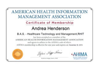 2019 AHIMA Membership Certificate