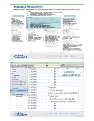 Metadata Management
from The DAMA Guide to the Data Management Body of Knowledge © 2009 by DAMA International
15Copyright 2019 by Data Blueprint Slide #
16Copyright 2019 by Data Blueprint Slide #
• Example:
– iTunes Metadata
• Insert a recently purchased CD
• iTunes can:
– Count the number of tracks (25)
– Determine the length of each track
Example:
iTunes Metadata
 
