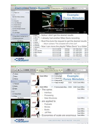 Example: iTunes Metadata
• Notice I didn't get the desired results
• I already had another Miles Davis recording
• Must fine-tune the request to get the desired results
– Album contains "The complete birth of the cool"
• Now I can move the playlist "Miles Davis" to a folder
19Copyright 2019 by Data Blueprint Slide #
Example:
iTunes Metadata
• The same:
– Interface
– Processing
– Data Structures
• are applied to
– Podcasts
– Movies
– Books
– .pdf files
• Economies of scale are enormous
20Copyright 2019 by Data Blueprint Slide #
Example:
iTunes Metadata
 
