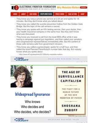 • They know you rang a phone sex service at 2:24 am and spoke for 18
minutes. But they don't know what you talked about.
• They know you called the suicide prevention hotline from the Golden Gate
Bridge. But the topic of the call remains a secret.
• They know you spoke with an HIV testing service, then your doctor, then
your health insurance company in the same hour. But they don't know
what was discussed.
• They know you received a call from the local NRA office while it was
having a campaign against gun legislation, and then called your senators
and congressional representatives immediately after. But the content of
those calls remains safe from government intrusion.
• They know you called a gynecologist, spoke for a half hour, and then
called the local Planned Parenthood's number later that day. But nobody
knows what you spoke about.
– https://www.eff.org/deeplinks/2013/06/why-metadata-matters
71Copyright 2019 by Data Blueprint Slide #
Why Metadata Matters
72Copyright 2019 by Data Blueprint Slide #
Shoshana Zuboff, The Age of Surveillance Capitalism
Who knows
Who decides and
Who decides, who decides?
Widespread Ignorance
 
