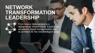 Equinix.com | © 2019 Equinix, Inc.Equinix.com | © 2019 Equinix, Inc.
From legacy data centers to a
digital-ready infrastructure, Equinix can
accelerate digital transformation and
re-architect for the new intelligent edge.
NETWORK
TRANSFORMATION
LEADERSHIP
 