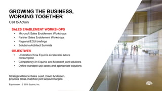 Equinix.com | © 2019 Equinix, Inc.Equinix.com | © 2019 Equinix, Inc.
GROWING THE BUSINESS,
WORKING TOGETHER
Call to Action
SALES ENABLEMENT WORKSHOPS
• Microsoft Sales Enablement Workshops
• Partner Sales Enablement Workshops
• Regional/EOU briefings
• Solutions Architect Summits
OBJECTIVES
• Understand how Equinix accelerates Azure
consumption
• Competency on Equinix and Microsoft joint solutions
• Define standard use cases and appropriate solutions
Equinix.com | © 2019 Equinix, Inc.
Strategic Alliance Sales Lead, David Anderson,
provides cross-matched joint account targets
 