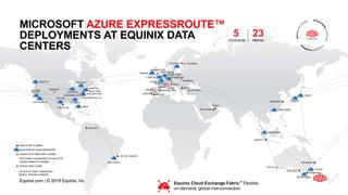 Equinix.com | © 2019 Equinix, Inc.Equinix.com | © 2019 Equinix, Inc.
SEVILLELISBON
MADRID BARCELONA
RIO DE JANEIRO
SÃO PAULO
JAKARTA
SHANGHAI
BOGOTÁ
DENVER
BOSTON
NEW YORK
PHILADELPHIA
WASHINGTON, D.C.
CULPEPER, VA
SEATTLE
SILICON
VALLEY
TORONTO
MIAMI
ATLANTALOS ANGELES
CHICAGO
DALLAS
CANBERRA
SYDNEY
HOUSTON
ADELAIDE
MELBOURNE
PERTH
BRISBANE
OSAKA
HONG KONG
SINGAPORE
TOKYO
ABU DHABI
FRANKFURT
DUBAI
MANCHESTER
AMSTERDAMDUBLIN
LONDON
PARIS
GENEVA
MILAN
ZURICH SOFIA
ISTANBUL
WARSAW
STOCKHOLM HELSINKI
MUNICH
DUSSELDORF
5Continents
23Metros
MICROSOFT AZURE EXPRESSROUTE™
DEPLOYMENTS AT EQUINIX DATA
CENTERS
Equinix Cloud Exchange Fabric™ Flexible,
on-demand, global interconnection
1Q19 ECX Fabric deployment
Boston, Warsaw & Madrid
Equinix IBX Location
Equinix/Azure ExpressRouteTM
Equinix ECX Fabric IBX Location
ECX Fabric Connectivity Coming 2019
(routes subject to change)
Partner Data Center
 