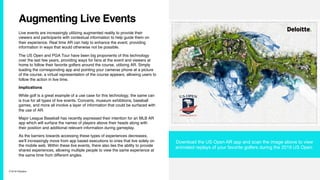 7/10/19 ©Epsilon
Augmenting Live Events
Live events are increasingly utilizing augmented reality to provide their
viewers and participants with contextual information to help guide them on
their experience. Real time AR can help to enhance the event, providing
information in ways that would otherwise not be possible.
The US Open and PGA Tour have been big proponents of this technology
over the last few years, providing ways for fans at the event and viewers at
home to follow their favorite golfers around the course, utilizing AR. Simply
loading the corresponding app and pointing your cameras phone at a picture
of the course, a virtual representation of the course appears, allowing users to
follow the action in live time.
Implications
While golf is a great example of a use case for this technology, the same can
is true for all types of live events. Concerts, museum exhibitions, baseball
games, and more all involve a layer of information that could be surfaced with
the use of AR.
Major League Baseball has recently expressed their intention for an MLB AR
app which will surface the names of players above their heads along with
their position and additional relevant information during gameplay.
As the barriers towards accessing these types of experiences decreases,
we’ll increasingly move from app based executions to ones that live solely on
the mobile web. Within these live events, there also lies the ability to provide
shared experiences, allowing multiple people to view the same experience at
the same time from different angles.
Download the US Open AR app and scan the image above to view
animated replays of your favorite golfers during the 2019 US Open.
 