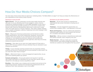 9
Questions to ask yourself:
Media Channel — Are you continuing to use the same media channels year
after year, or are you allocating more of your budget to create a diverse,
multichannel marketing strategy? In a recent IEEE GlobalSpec survey, half of
technical professionals reported spending six or more hours a week on the
Internet, with 31 percent indicating they spend nine or more hours a week
online. No single resource is king for engineers. They utilize supplier websites,
search engines, whitepapers, webinars, tradeshows and online catalogs in their
quest for information.
Reach — 68 percent of technical professionals use the Internet to obtain
product specifications, and to find components, equipment, services and
suppliers. How many people are you reaching? Are they the right kind
of people (i.e., the engineering, technical, industrial and manufacturing
communities)? Are you reaching them at the right time, when they are actively
looking for products and services?
Frequency — How often do you reach your target audience? A few times a
year or 24/7? Can your audience find you whenever they are interested in your
products and services?
Timing — Is your message reaching prospects who are proactively seeking
products and services or individuals who are just browsing? In other words: “Do
you hook them when they’re hungry?”
Return — What kind of return, in terms of engagement opportunities, do you
get for the marketing dollars you spend?
Contacts and Inquiries — Do you get contacts and inquiries in real time
with contact information for individuals? Do you know their specific areas of
interest? Or is the data you receive unqualified or stale?
Branding — How visible is your company and its products and services to the
engineering, technical, industrial and manufacturing professionals who are
looking for them? Very noticeable or lost in the shuffle?
How Do Your Media Choices Compare?
You have many choices about where to spend your marketing dollars. The Media Matrix on page 11 can help you analyze the effectiveness of
your expenditures across various media channels.
Questions to ask media providers:
Reporting — Do you have access to comprehensive
reporting with key contact information including area of
interest?
Timeliness — Are the engagement opportunities you
receive fresh, qualified, active — and delivered in real time?
Reach and Frequency — Are you continuously exposed to
a growing target audience for your products and services?
Or is circulation and audience shrinking?
Media Plan — Will you receive a comprehensive media plan
that outlines channels, reach, frequency and cost?
Media Channels — Will your media plan incorporate
a multi-channel, cross-media strategy that targets the
channels our audience uses throughout their buy cycles?
 