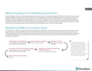 12
Measuring Return on Marketing Investment
Marketing ROMI and the Buy Cycle
The nature of your customers’ buying cycle can make it difficult to correlate sales to specific marketing channels. The industrial buy cycle is often
long and complex, involving multiple stages, from needs assessment to comparison and evaluation, to a final purchasing decision. In the vast
majority of cases, buyers will interact with your company’s content and brand many times and through multiple channels, often without contacting
you, before they make a purchasing decision. Here is an example of how a prospective buyer may interact with your content before actually
contacting your sales team.
The e-newsletter ad, webinar,
video and product catalog are
all components of your broader
marketing plan, which includes
top of the funnel activities like
brand awareness and thought
leadership. They exist as parts
of an entire ecosystem of
campaigns and customer touch
points, and they all contributed to
this engagement opportunity.
Industrial marketers are under unprecedented pressure to demonstrate return on marketing investment (ROI) for their initiatives. This often leaves
marketers dwelling on questions such as: How much did this email campaign contribute to the bottom line? How much revenue did that banner
ad produce? But these might not be the best questions to be asking. While it makes sense to consider ROI when creating marketing plans and
campaigns, it’s highly unlikely that any single campaign or tactic can be correlated on a one-to-one basis with a sale, especially in industries with
long and complex buy cycles. Yet many marketers will drop a marketing program that doesn’t have sales associated with it. This may be a mistake,
and may lead to abandoning programs that are making effective contributions to your overall marketing strategy.
Downloaded a White Paper Registered for a Webinar Watched a Video
Searched Your Online Product Catalog Typed Your Company Name into
a Search Engine
Began a Sales Conversation
an e-newsletter advertisement
to see a product demo featuring your product
manager
of your products side-by-side to get your contact information
(Finally)
 