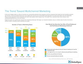6
In this era of digital media, an influx of channels are commanding attention from engineers and the companies that market and sell industrial products
and services. Technical professionals have more digital tools and sources of information that help them to do their jobs better and more efficiently.
They are also exposed to more companies and have many options when ready to buy. The result? Your customers have more choices, more
individualizedpreferences, and more power.
Digital disruption has significantly impacted the marketing landscape. No longer can industrial marketers rely on a limited suite of online channels to
achieve results, including contact quantity and quality.
The Trend Toward Multichannel Marketing
Number of Tools in Marketing Stack
Small
Companies
Small
Companies
Large
Companies
Large
Companies
2017 2017 20192019
74%
57%
34%
24%
30%
25%
13%
27%
30%
22%
11%12%
5%3%
4%
1%
0%
1%
1%
3%
How Would You Describe Your Mix of Push/Outbound
and Pull/Inbound Marketing Initiatives?
50%
26%
13%
11%
We use both push/outbound and pull/ inbound marketing but could be
diversifying more.
I am happy with our mix of push/ outbound and pull/inbound marketing.
We only use pull/inbound channels.
We only use push/outbound channels.
1 to 5 6 to 10 11 to 20 21 to 30 30+
Source: 2018 Industrial Marketing Trends Survey - IEEE GlobalSpecSource: Outsell Advertising and Marketing Study 2017
 