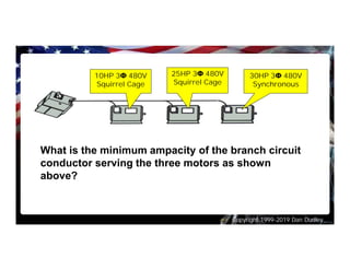 Copyright 1999-2019 Dan Dudley
What is the minimum ampacity of the branch circuit
conductor serving the three motors as shown
above?
10HP 3Φ 480V
Squirrel Cage
25HP 3Φ 480V
Squirrel Cage
30HP 3Φ 480V
Synchronous
 