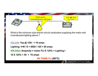 Copyright 1999-2019 Dan Dudley
What is the minimum size branch circuit conductors supplying the motor and
incandescent lighting above ?
430.248: 1hp @ 120v = 16 amps
Lighting: I=W / E = 6000 / 120 = 50 amps
430.24(a): Ampacity = motor FLI X 125% + Lighting I
16 X 125% + 50 = 70 amps
#4 THHN Cu (60°C)
6000 watts
Incandescent Lighting
1HP 1Φ 120V
FLI 12.4
 