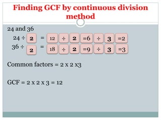 Finding GCF by continuous division
method
24 and 36
24 ÷ =
36 ÷ =
Common factors = 2 x 2 x3
GCF = 2 x 2 x 3 = 12
12
18
÷
÷
2
2
=6
=9
÷
÷
3
3
=2
=3
2
2
 