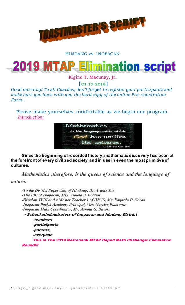 2019 mtap toastmaster's script | PDF
