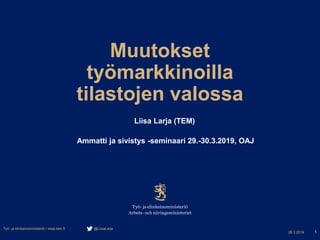 Muutokset
työmarkkinoilla
tilastojen valossa
Liisa Larja (TEM)
Ammatti ja sivistys -seminaari 29.-30.3.2019, OAJ
29.3.2019
Työ- ja elinkeinoministeriö • www.tem.fi @LiisaLarja
1
 