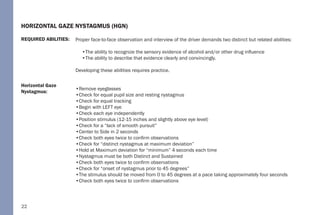 22
Horizontal Gaze
Nystagmus:
REQUIRED ABILITIES:
HORIZONTAL GAZE NYSTAGMUS (HGN)
Proper face-to-face observation and interview of the driver demands two distinct but related abilities:
•The ability to recognize the sensory evidence of alcohol and/or other drug influence
•The ability to describe that evidence clearly and convincingly.
Developing these abilities requires practice.
•Remove eyeglasses
•Check for equal pupil size and resting nystagmus
•Check for equal tracking
•Begin with LEFT eye
•Check each eye independently
•Position stimulus (12-15 inches and slightly above eye level)
•Check for a “lack of smooth pursuit”
•Center to Side in 2 seconds
•Check both eyes twice to confirm observations
•Check for “distinct nystagmus at maximum deviation”
•Hold at Maximum deviation for “minimum” 4 seconds each time
•Nystagmus must be both Distinct and Sustained
•Check both eyes twice to confirm observations
•Check for “onset of nystagmus prior to 45 degrees”
•The stimulus should be moved from 0 to 45 degrees at a pace taking approximately four seconds
•Check both eyes twice to confirm observations
 