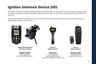 37
Ignition Interlock Device (IID)
The IID further requires the operator to blow into the handheld wand at random intervals while driving. There are three
approved IID vendors in North Carolina.
The ignition interlock is a device intended to detect and evaluate BrAC. If ethyl alcohol is detected upon an attempt to start
the vehicle, operation is prevented. Repeated, failed attempts to start the vehicle after consumption of alcohol results in a
“lock out.”
Monitech
Ignition Interlock
Alcolock
Ignition Interlock
SMART START SSI-20/20
with Optional Camera
Monitech
1-844-598-5557
www.monitechnc.com
customerservice@monitechnc.com
Alcolock USA
1-855-664-0353
www.alcolocknc.com
SMART START
1-800-880-3394
www.smartstartinc.com
 