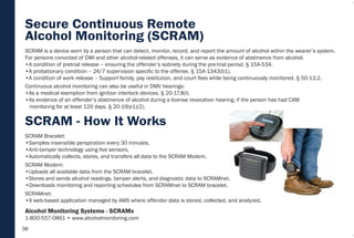 38
SCRAM Bracelet:
•Samples insensible perspiration every 30 minutes.
•Anti-tamper technology using five sensors.
•Automatically collects, stores, and transfers all data to the SCRAM Modem.
SCRAM Modem:
•Uploads all available data from the SCRAM bracelet.
•Stores and sends alcohol readings, tamper alerts, and diagnostic data to SCRAMnet.
•Downloads monitoring and reporting schedules from SCRAMnet to SCRAM bracelet.
SCRAMnet:
•A web-based application managed by AMS where offender data is stored, collected, and analyzed.
SCRAM is a device worn by a person that can detect, monitor, record, and report the amount of alcohol within the wearer’s system.
For persons convicted of DWI and other alcohol-related offenses, it can serve as evidence of abstinence from alcohol.
•A condition of pretrial release – ensuring the offender’s sobriety during the pre-trial period. § 15A-534.
•A probationary condition – 24/7 supervision specific to the offense. § 15A-1343(b1).
•A condition of work release – Support family, pay restitution, and court fees while being continuously monitored. § 50-13.2.
Continuous alcohol monitoring can also be useful in DMV hearings:
•As a medical exemption from ignition interlock devices. § 20-17.8(l).
•As evidence of an offender’s abstinence of alcohol during a license revocation hearing, if the person has had CAM
monitoring for at least 120 days. § 20-19(e1)(2).
SCRAM - How It Works
Secure Continuous Remote
Alcohol Monitoring (SCRAM)
Alcohol Monitoring Systems - SCRAMx
1-800-557-0861 • www.alcoholmonitoring.com
 