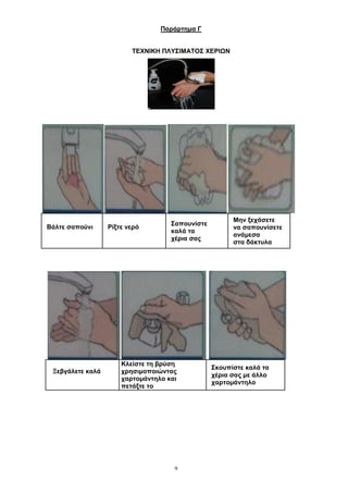 9
Παράρτημα Γ
ΤΕΧΝΙΚΗ ΠΛΥΣΙΜΑΤΟΣ ΧΕΡΙΩΝ
Βάλτε σαπούνι Ρίξτε νερό
Σαπουνίστε
καλά τα
χέρια σας
Μην ξεχάσετε
να σαπουνίσετε
ανάμεσα
στα δάκτυλα
Ξεβγάλετε καλά
Κλείστε τη βρύση
χρησιμοποιώντας
χαρτομάντηλο και
πετάξτε το
Σκουπίστε καλά τα
χέρια σας με άλλο
χαρτομάντηλο
ΑΔΑ: 68ΦΦ465ΦΥΟ-51Λ
 