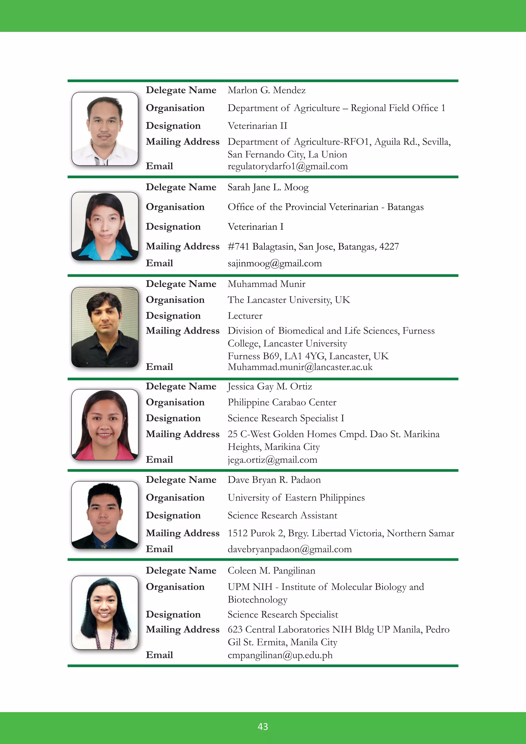 43
Delegate Name Marlon G. Mendez
Organisation Department of Agriculture – Regional Field Office 1
Designation Veterinarian II
Mailing Address Department of Agriculture-RFO1, Aguila Rd., Sevilla,
San Fernando City, La Union
Email regulatorydarfo1@gmail.com
Delegate Name Sarah Jane L. Moog
Organisation Office of the Provincial Veterinarian - Batangas
Designation Veterinarian I
Mailing Address #741 Balagtasin, San Jose, Batangas, 4227
Email sajinmoog@gmail.com
Delegate Name Muhammad Munir
Organisation The Lancaster University, UK
Designation Lecturer
Mailing Address Division of Biomedical and Life Sciences, Furness
College, Lancaster University
Furness B69, LA1 4YG, Lancaster, UK
Email Muhammad.munir@lancaster.ac.uk
Delegate Name Jessica Gay M. Ortiz
Organisation Philippine Carabao Center
Designation Science Research Specialist I
Mailing Address 25 C-West Golden Homes Cmpd. Dao St. Marikina
Heights, Marikina City
Email jega.ortiz@gmail.com
Delegate Name Dave Bryan R. Padaon
Organisation University of Eastern Philippines
Designation Science Research Assistant
Mailing Address 1512 Purok 2, Brgy. Libertad Victoria, Northern Samar
Email davebryanpadaon@gmail.com
Delegate Name Coleen M. Pangilinan
Organisation UPM NIH - Institute of Molecular Biology and
Biotechnology
Designation Science Research Specialist
Mailing Address 623 Central Laboratories NIH Bldg UP Manila, Pedro
Gil St. Ermita, Manila City
Email cmpangilinan@up.edu.ph
 