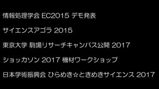 情報処理学会 EC2015 デモ発表
サイエンスアゴラ 2015
東京大学 駒場リサーチキャンパス公開 2017
ショッカソン 2017 機材ワークショップ
日本学術振興会 ひらめき☆ときめきサイエンス 2017
 