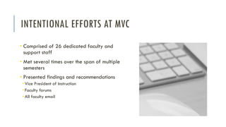 INTENTIONAL EFFORTS AT MVC
• Comprised of 26 dedicated faculty and
support staff
• Met several times over the span of multiple
semesters
• Presented findings and recommendations
• Vice President of Instruction
• Faculty forums
• All faculty email
 