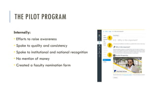 THE PILOT PROGRAM
Internally:
• Efforts to raise awareness
• Spoke to quality and consistency
• Spoke to institutional and national recognition
• No mention of money
• Created a faculty nomination form
 