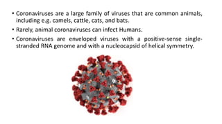 • Coronaviruses are a large family of viruses that are common animals,
including e.g. camels, cattle, cats, and bats.
• Rarely, animal coronaviruses can infect Humans.
• Coronaviruses are enveloped viruses with a positive-sense single-
stranded RNA genome and with a nucleocapsid of helical symmetry.
 