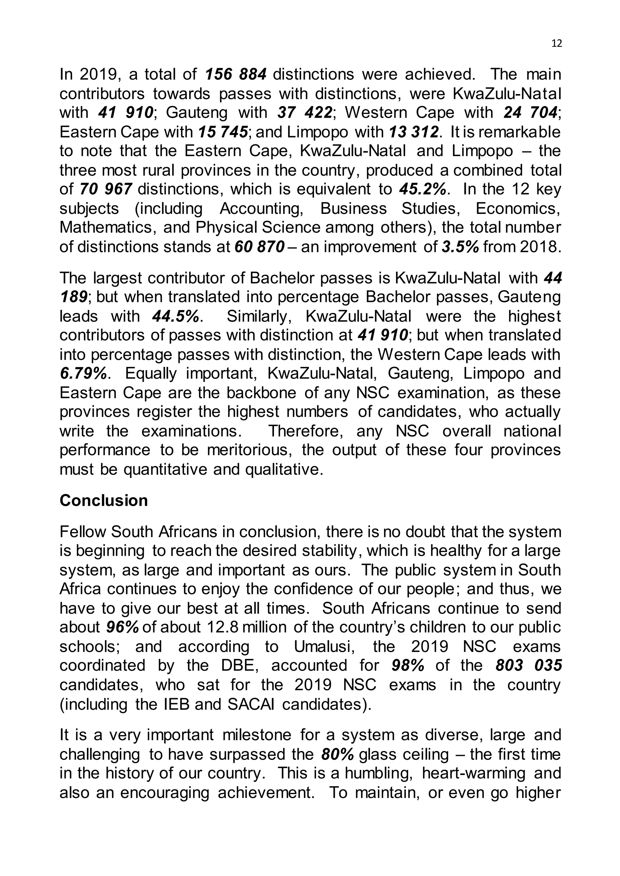 12
In 2019, a total of 156 884 distinctions were achieved. The main
contributors towards passes with distinctions, were KwaZulu-Natal
with 41 910; Gauteng with 37 422; Western Cape with 24 704;
Eastern Cape with 15 745; and Limpopo with 13 312. It is remarkable
to note that the Eastern Cape, KwaZulu-Natal and Limpopo – the
three most rural provinces in the country, produced a combined total
of 70 967 distinctions, which is equivalent to 45.2%. In the 12 key
subjects (including Accounting, Business Studies, Economics,
Mathematics, and Physical Science among others), the total number
of distinctions stands at 60 870 – an improvement of 3.5% from 2018.
The largest contributor of Bachelor passes is KwaZulu-Natal with 44
189; but when translated into percentage Bachelor passes, Gauteng
leads with 44.5%. Similarly, KwaZulu-Natal were the highest
contributors of passes with distinction at 41 910; but when translated
into percentage passes with distinction, the Western Cape leads with
6.79%. Equally important, KwaZulu-Natal, Gauteng, Limpopo and
Eastern Cape are the backbone of any NSC examination, as these
provinces register the highest numbers of candidates, who actually
write the examinations. Therefore, any NSC overall national
performance to be meritorious, the output of these four provinces
must be quantitative and qualitative.
Conclusion
Fellow South Africans in conclusion, there is no doubt that the system
is beginning to reach the desired stability, which is healthy for a large
system, as large and important as ours. The public system in South
Africa continues to enjoy the confidence of our people; and thus, we
have to give our best at all times. South Africans continue to send
about 96% of about 12.8 million of the country’s children to our public
schools; and according to Umalusi, the 2019 NSC exams
coordinated by the DBE, accounted for 98% of the 803 035
candidates, who sat for the 2019 NSC exams in the country
(including the IEB and SACAI candidates).
It is a very important milestone for a system as diverse, large and
challenging to have surpassed the 80% glass ceiling – the first time
in the history of our country. This is a humbling, heart-warming and
also an encouraging achievement. To maintain, or even go higher
 