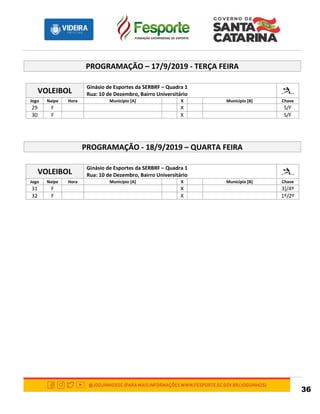 36
PROGRAMAÇÃO – 17/9/2019 - TERÇA FEIRA
VOLEIBOL
Ginásio de Esportes da SERBRF – Quadra 1
Rua: 10 de Dezembro, Bairro Universitário
Jogo Naipe Hora Município [A] X Município [B] Chave
29 F X S/F
30 F X S/F
PROGRAMAÇÃO - 18/9/2019 – QUARTA FEIRA
VOLEIBOL
Ginásio de Esportes da SERBRF – Quadra 1
Rua: 10 de Dezembro, Bairro Universitário
Jogo Naipe Hora Município [A] X Município [B] Chave
31 F X 3]/4º
32 F X 1º/2º
 