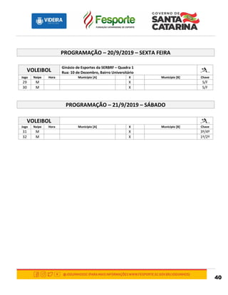 40
PROGRAMAÇÃO – 20/9/2019 – SEXTA FEIRA
VOLEIBOL
Ginásio de Esportes da SERBRF – Quadra 1
Rua: 10 de Dezembro, Bairro Universitário
Jogo Naipe Hora Município [A] X Município [B] Chave
29 M X S/F
30 M X S/F
PROGRAMAÇÃO – 21/9/2019 – SÁBADO
VOLEIBOL
Jogo Naipe Hora Município [A] X Município [B] Chave
31 M X 3º/4º
32 M X 1º/2º
 